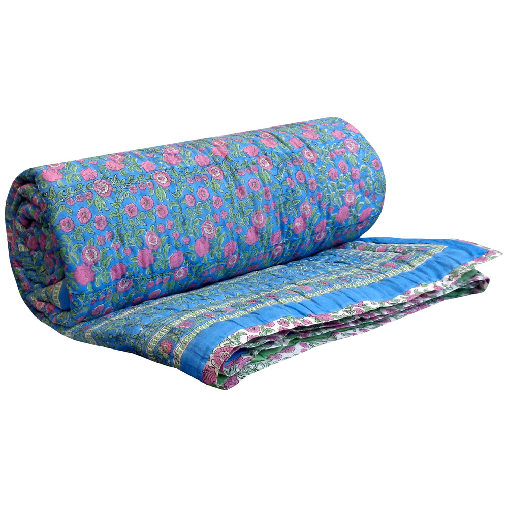 Hand Block Printed Cotton Quilt King Size Blue Pink Blossom 701397