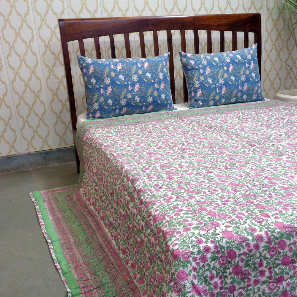 Hand Block Printed Cotton Quilt King Size Blue Pink Blossom 701397