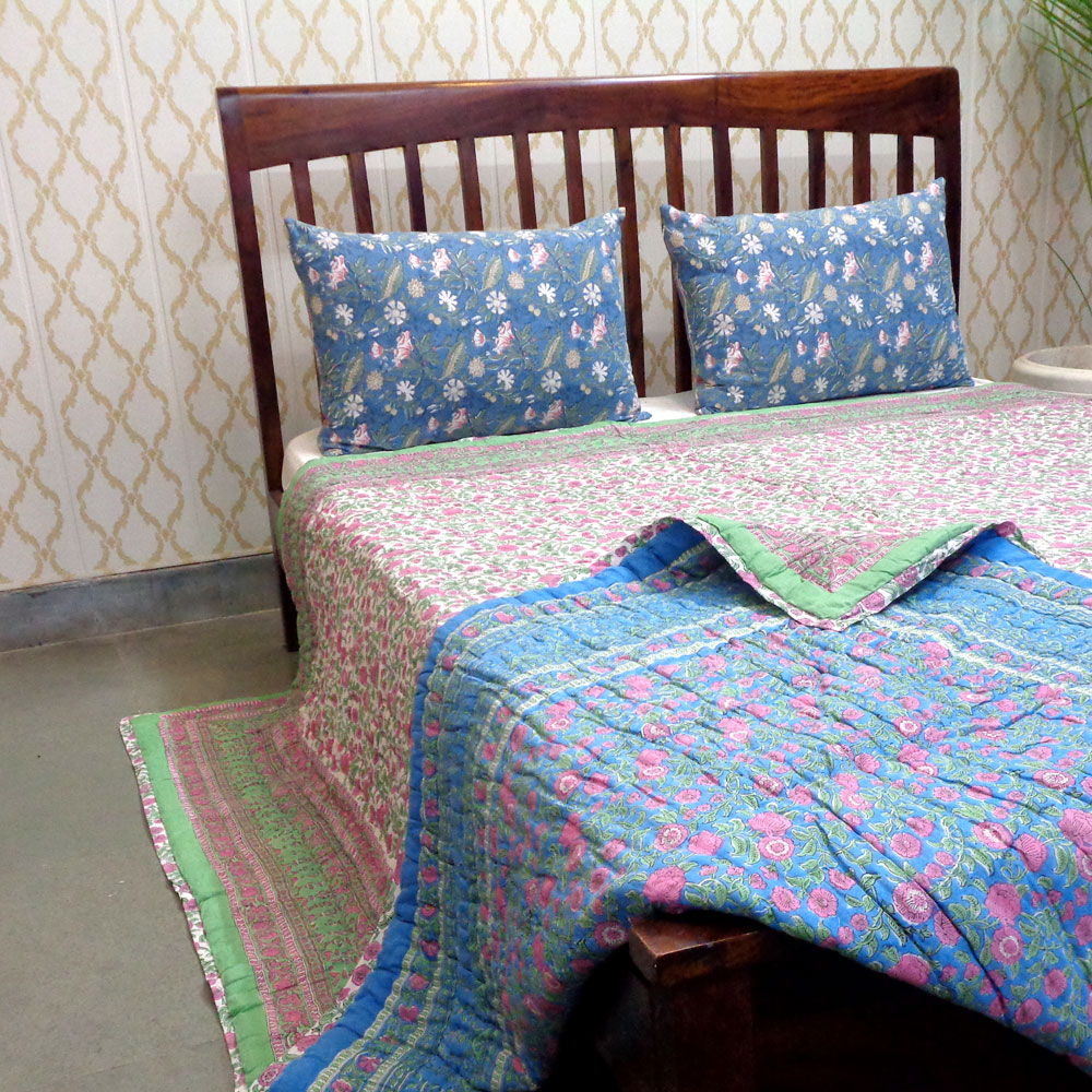 Hand Block Printed Cotton Quilt King Size Blue Pink Blossom 701397