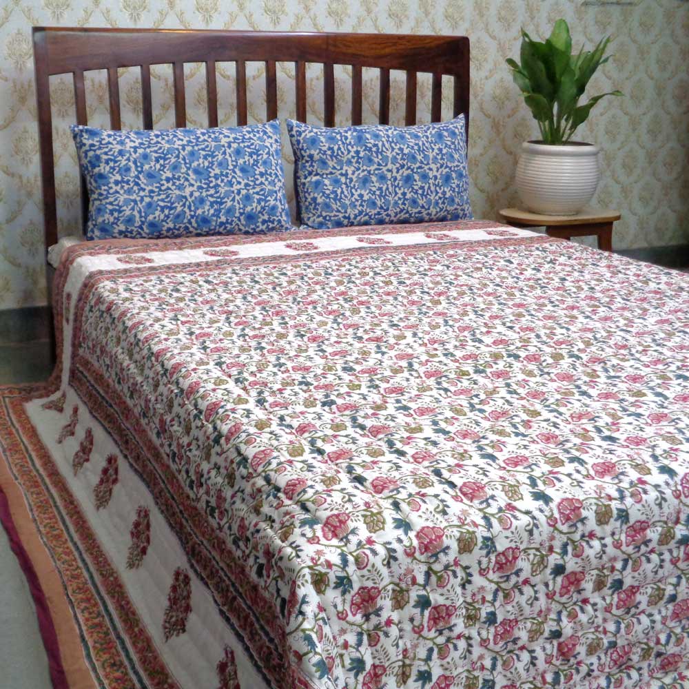 Hand Block Printed Cotton King Size Quilt Genda Bale 204998
