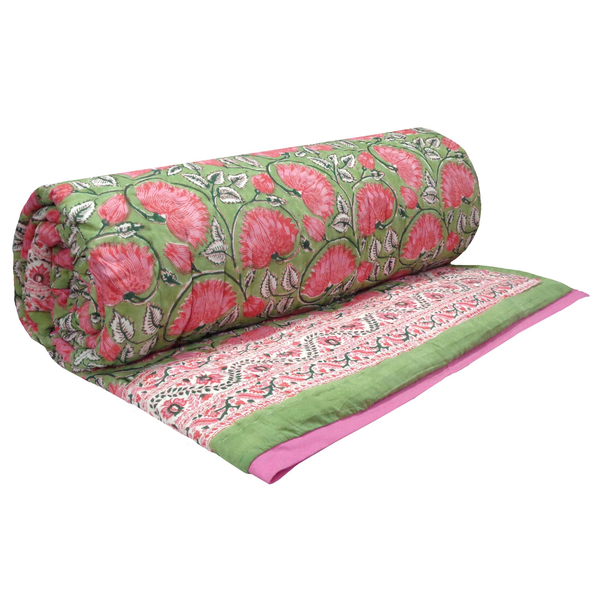 Hand Block Printed Cotton King Size Quilt Kamal Gulabi 102210