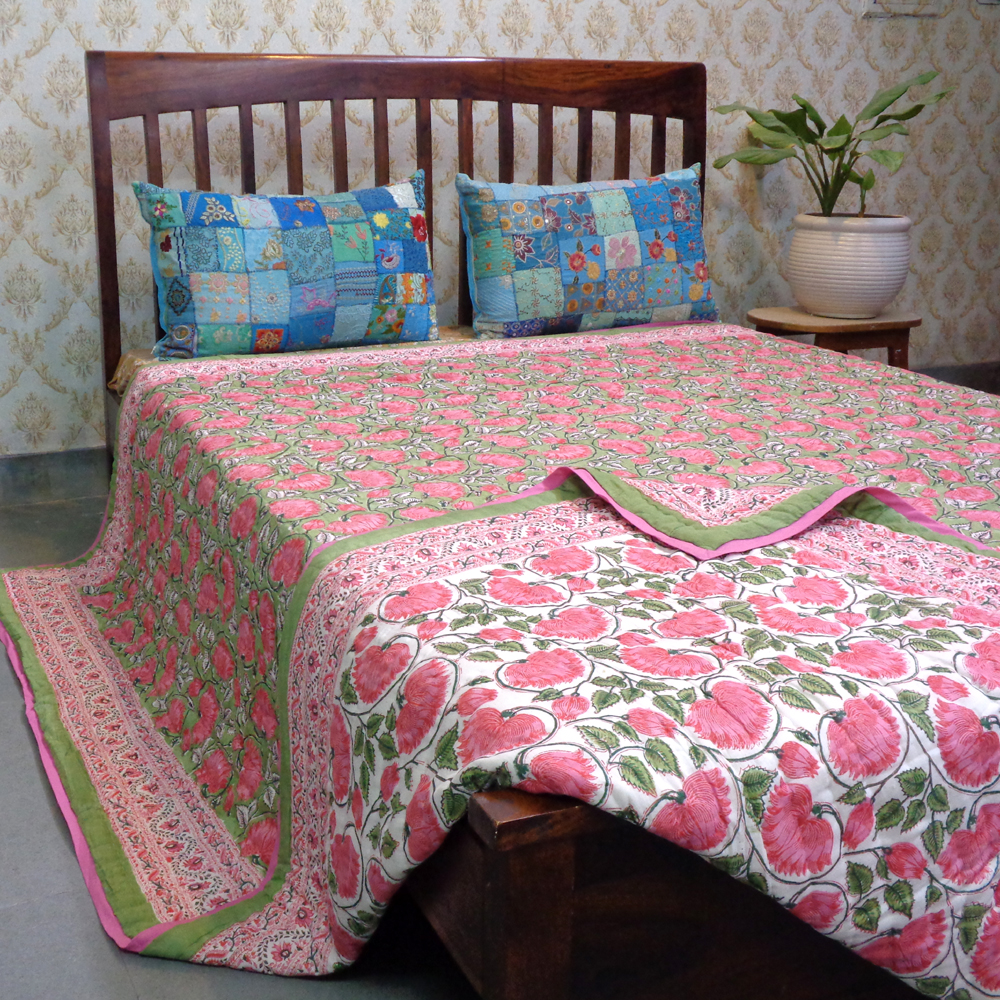 Hand Block Printed Cotton King Size Quilt Kamal Gulabi 102210