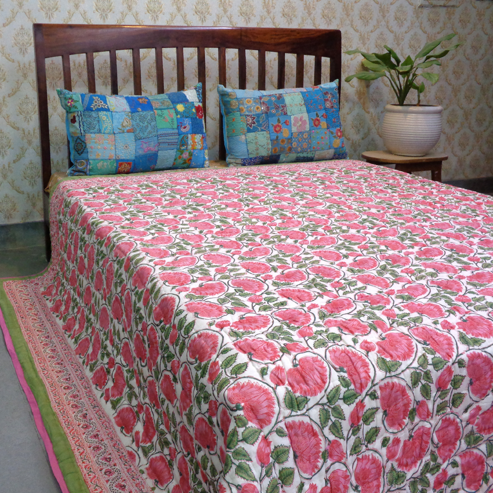 Hand Block Printed Cotton King Size Quilt Kamal Gulabi 102210
