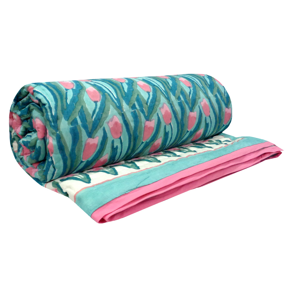 Hand Block Printed Cotton King Size Quilt Lambi Patti Tulip 101497