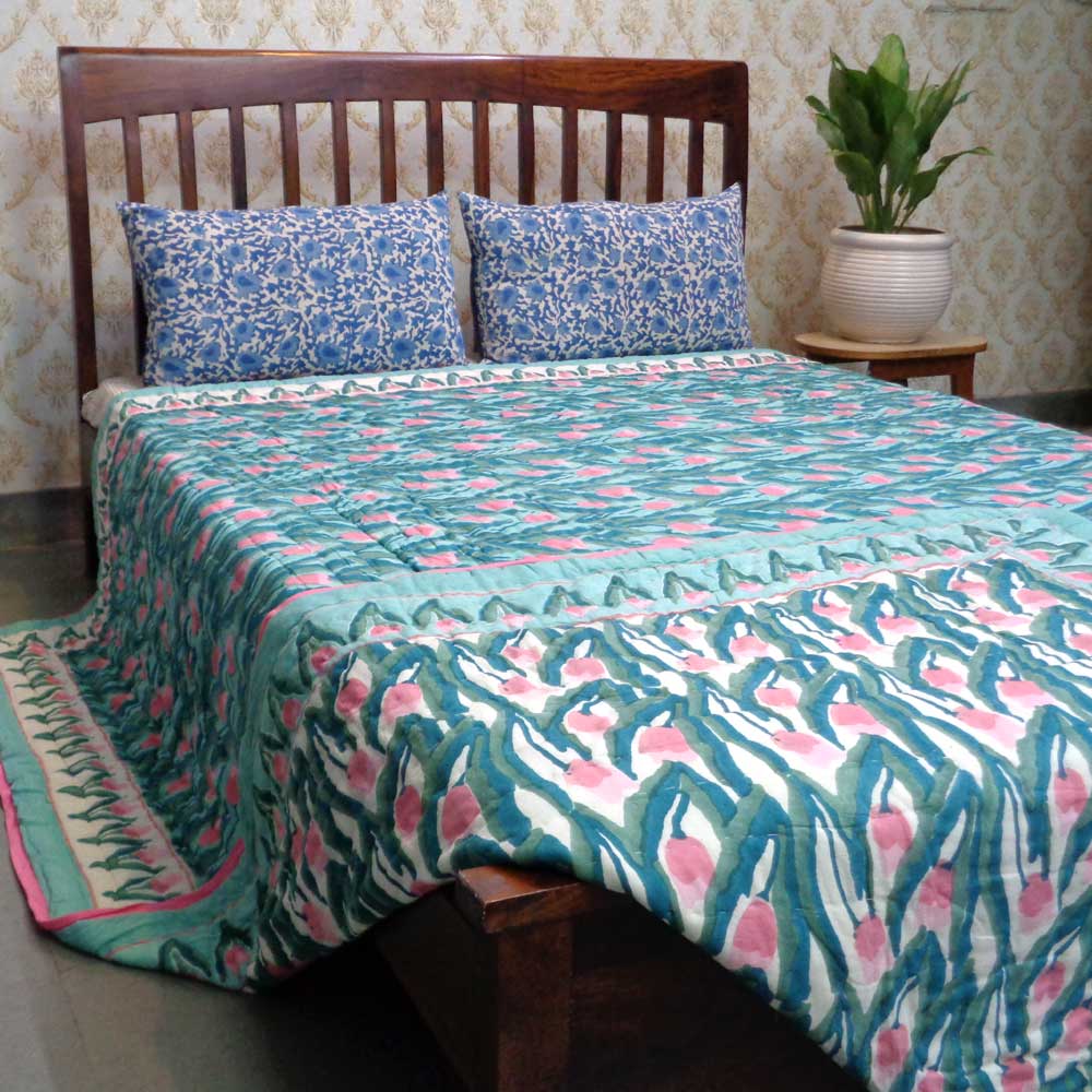 Hand Block Printed Cotton King Size Quilt Lambi Patti Tulip 101497