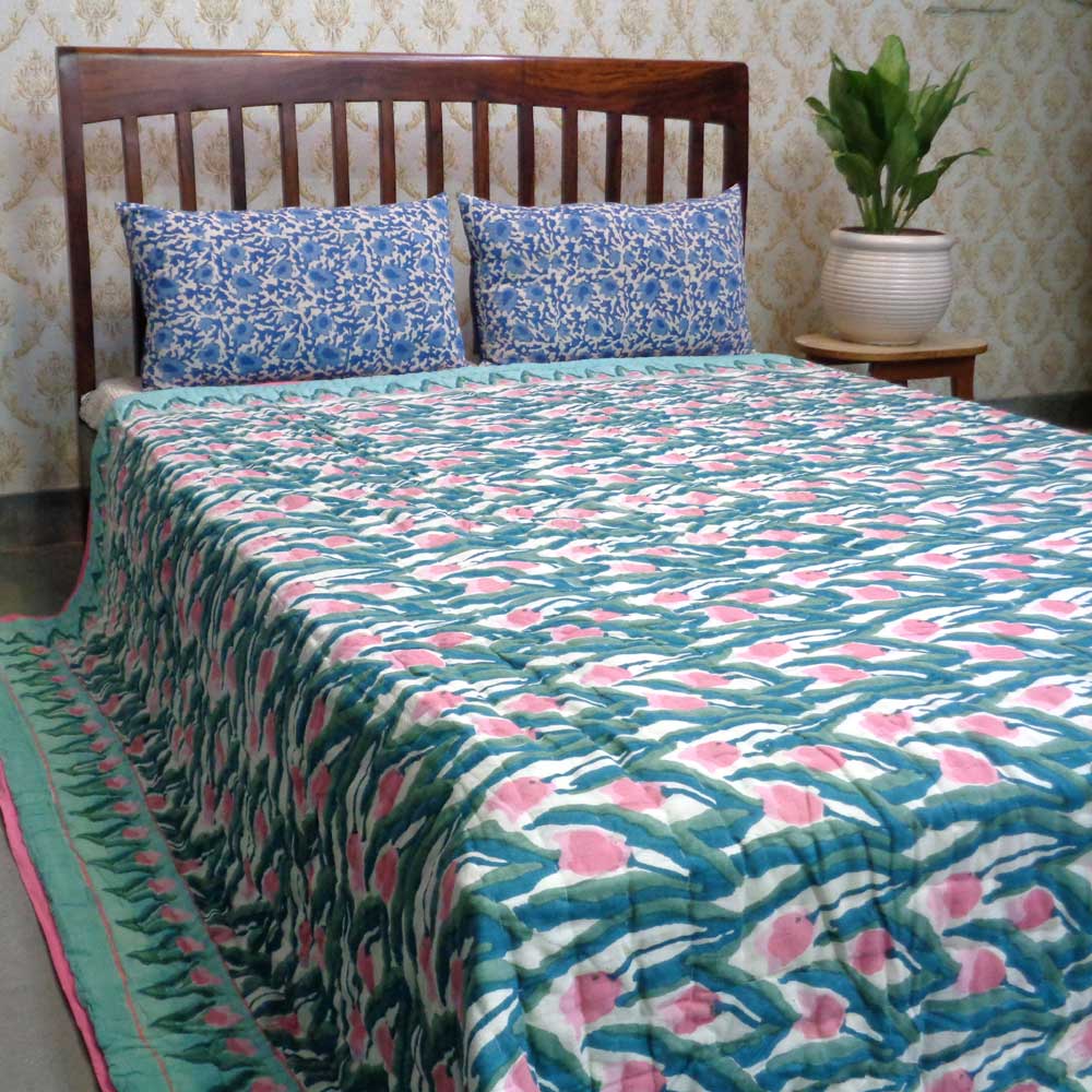 Hand Block Printed Cotton King Size Quilt Lambi Patti Tulip 101497
