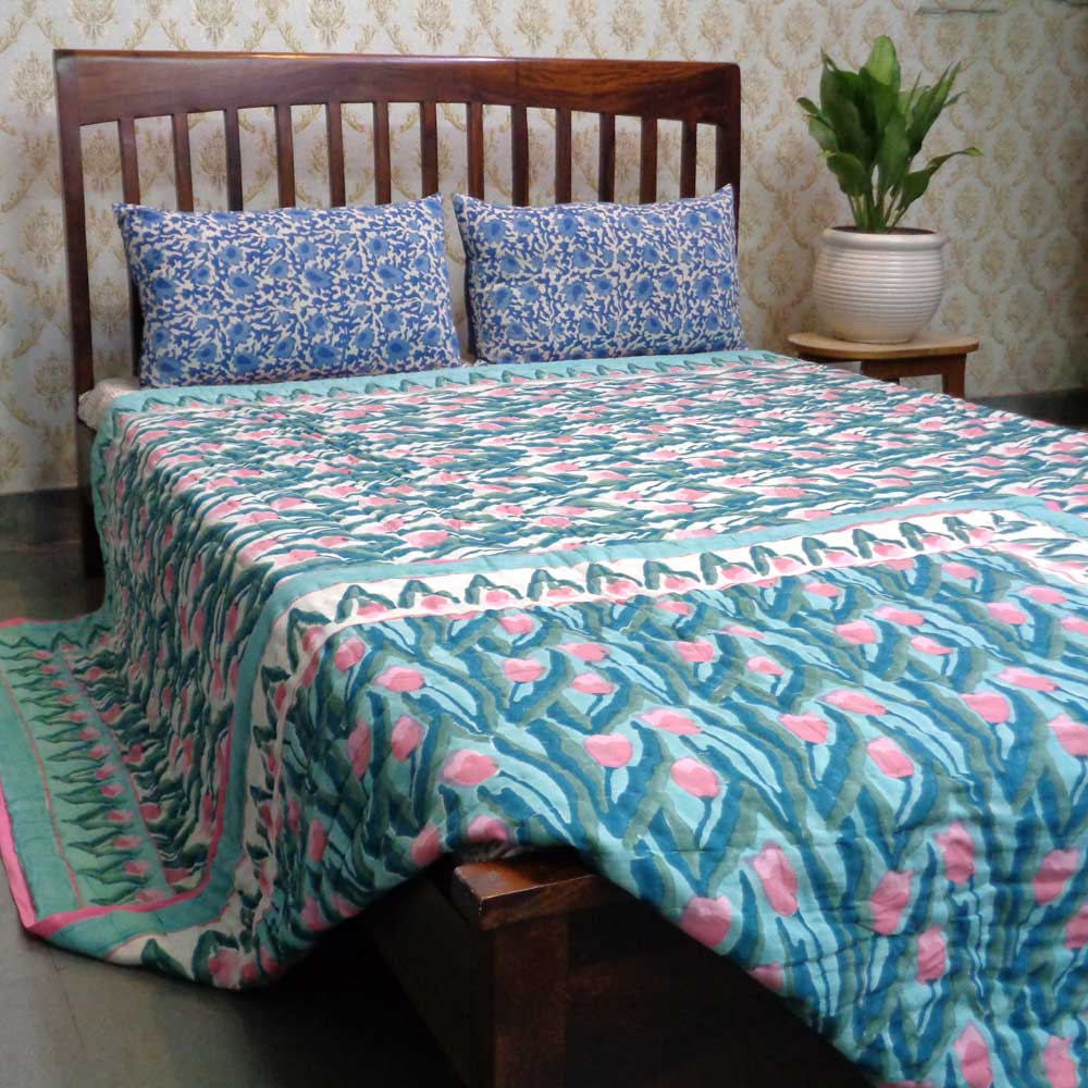 Hand Block Printed Cotton King Size Quilt Lambi Patti Tulip 101497
