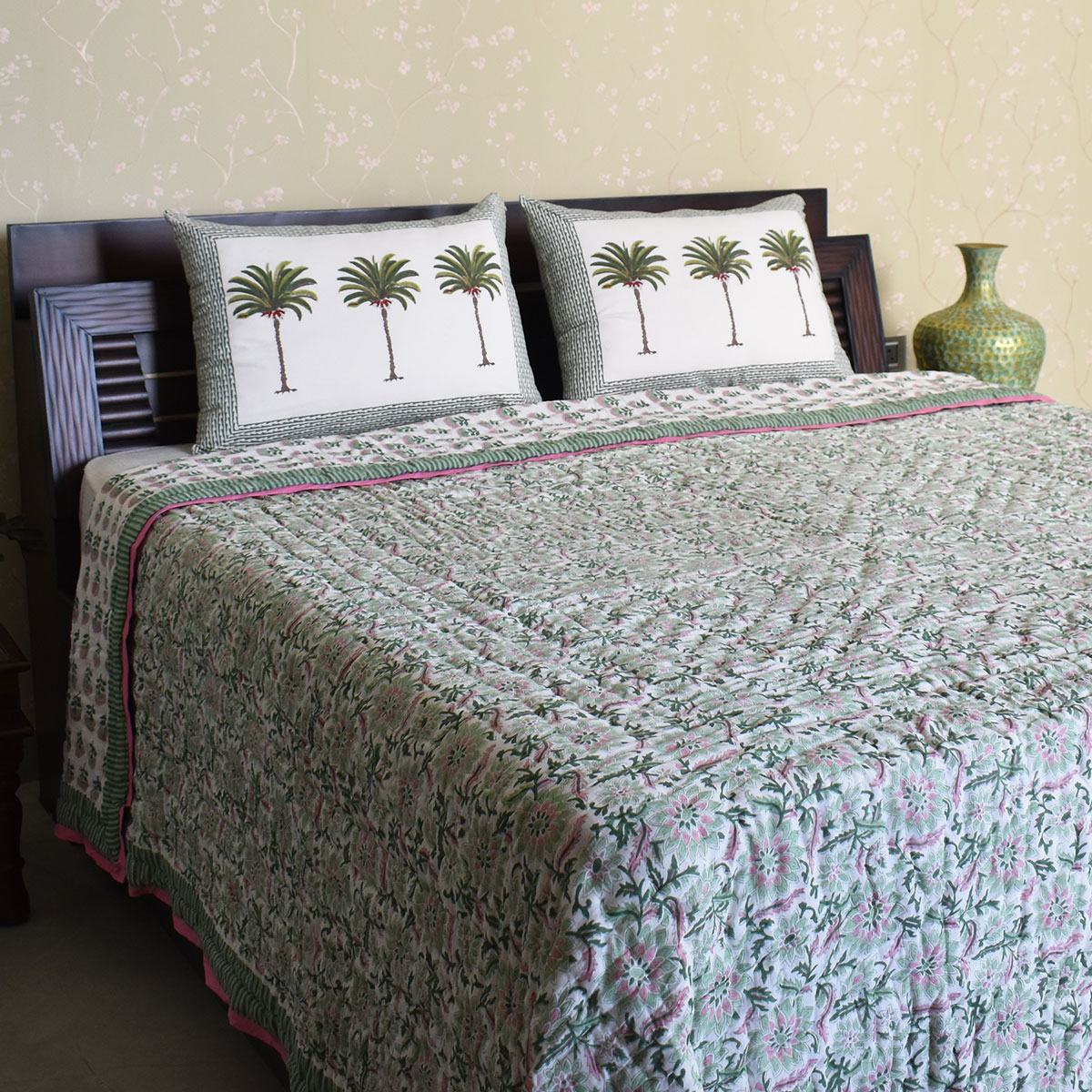 Hand Block Printed Cotton King Size Quilt  Madhubala Green 202526