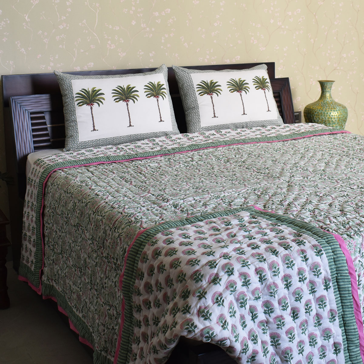 Hand Block Printed Cotton King Size Quilt Madhubala Green 202526