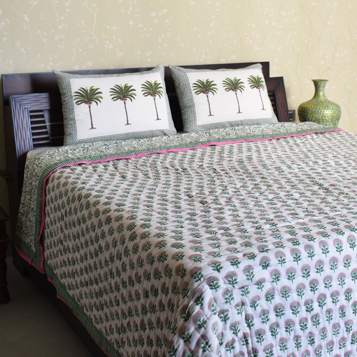 Hand Block Printed Cotton King Size Quilt Madhubala Green 202526