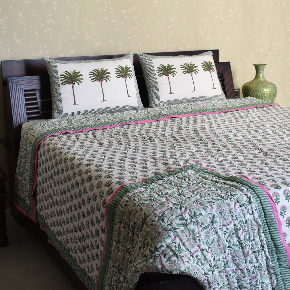 Hand Block Printed Cotton King Size Quilt Madhubala Green 202526