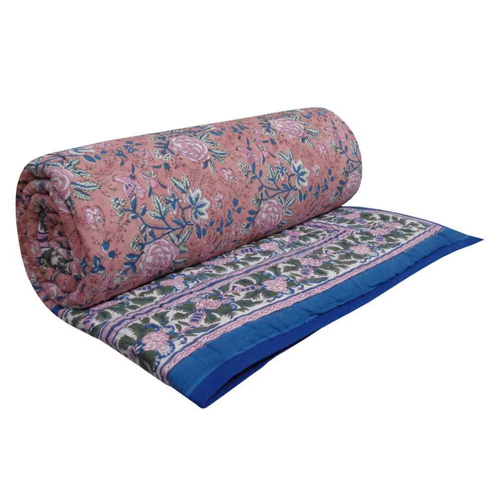 Hand Block Printed Cotton King Size Quilt Misty Rose Gud 202873