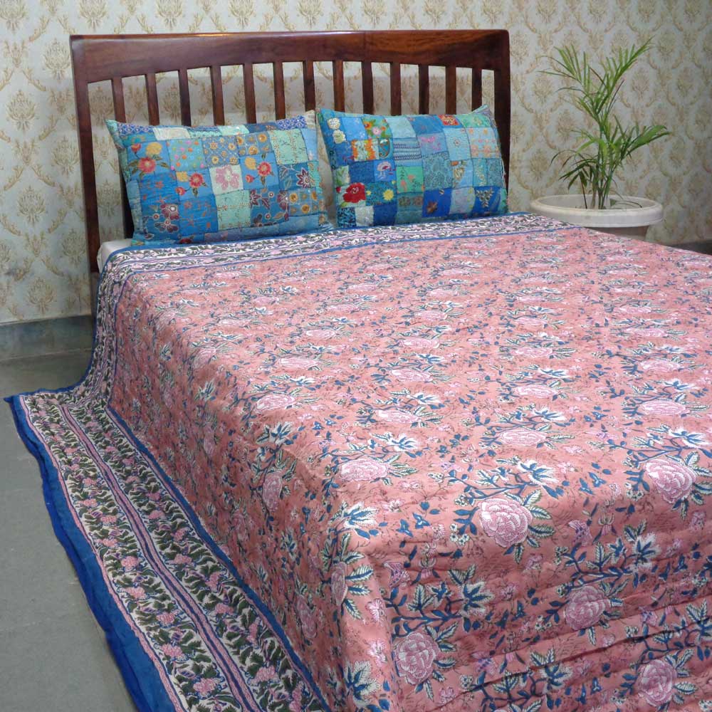 Hand Block Printed Cotton King Size Quilt Misty Rose Gud 202873