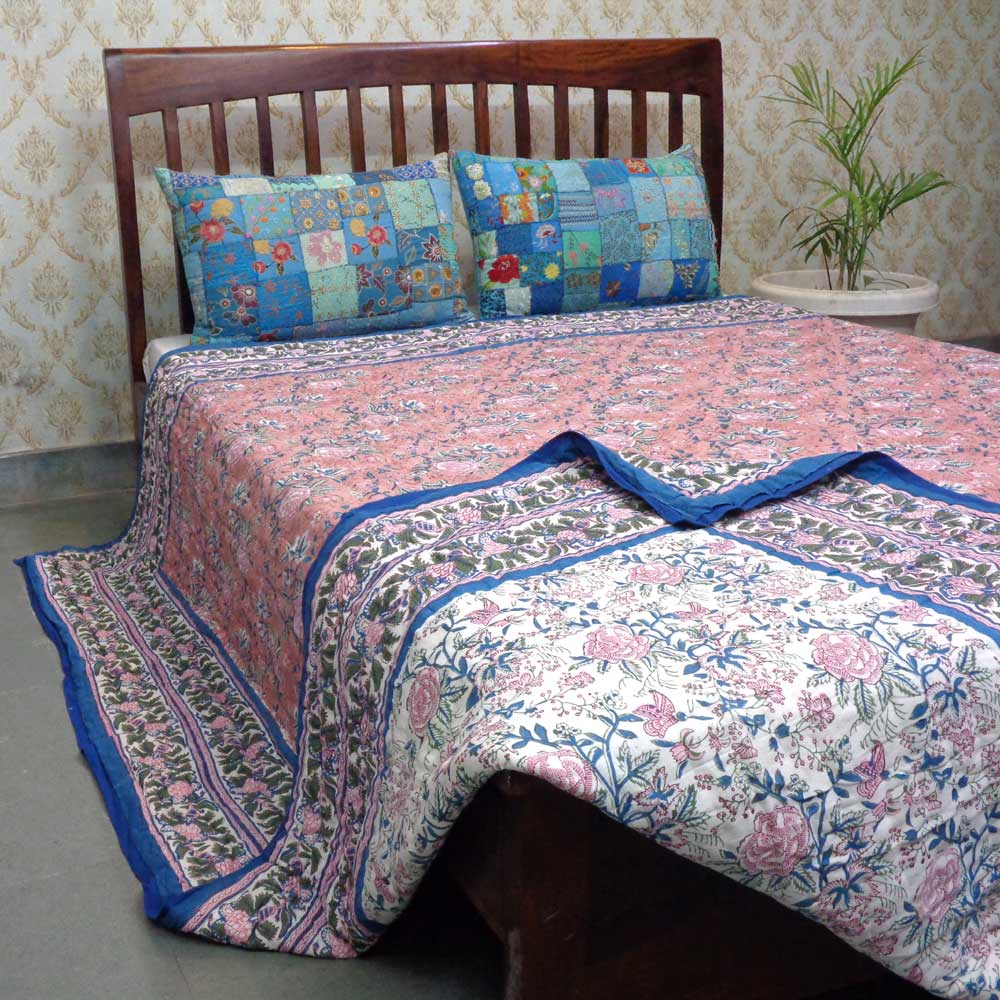 Hand Block Printed Cotton King Size Quilt Misty Rose Gud 202873
