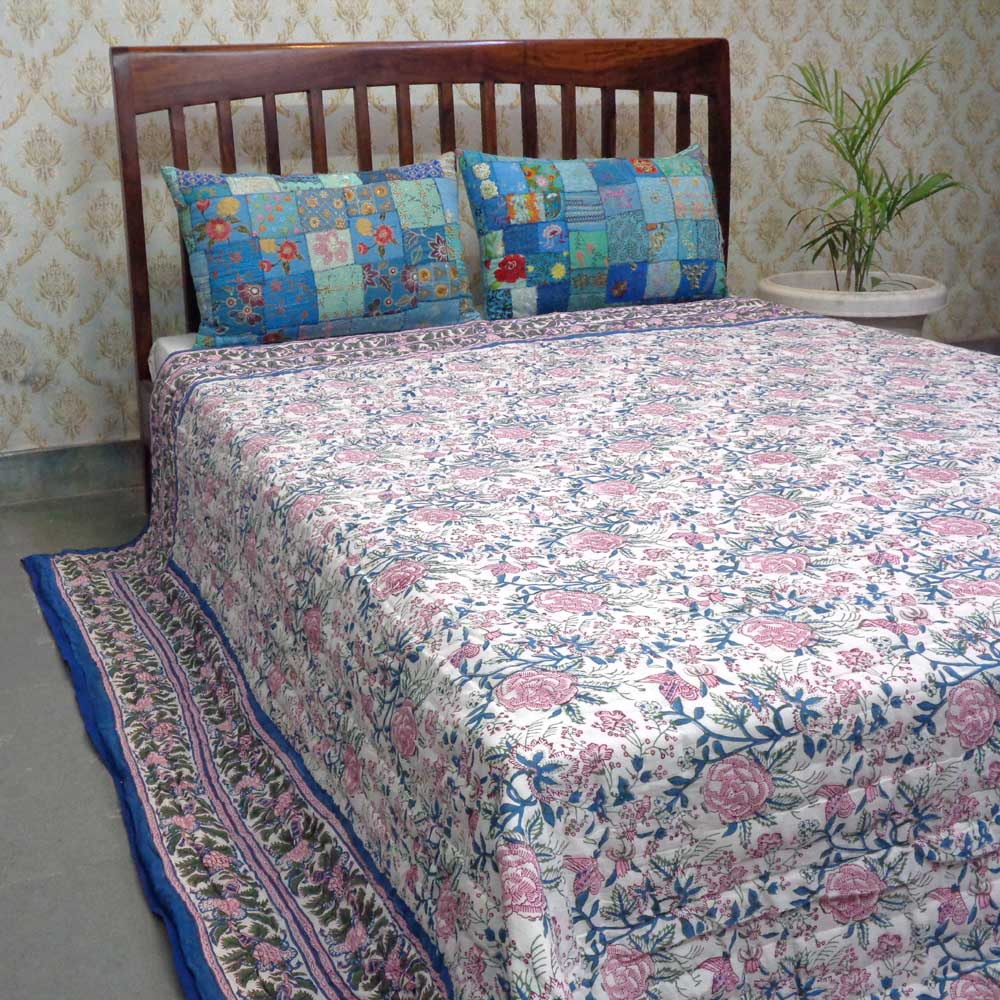 Hand Block Printed Cotton King Size Quilt Misty Rose Gud 202873