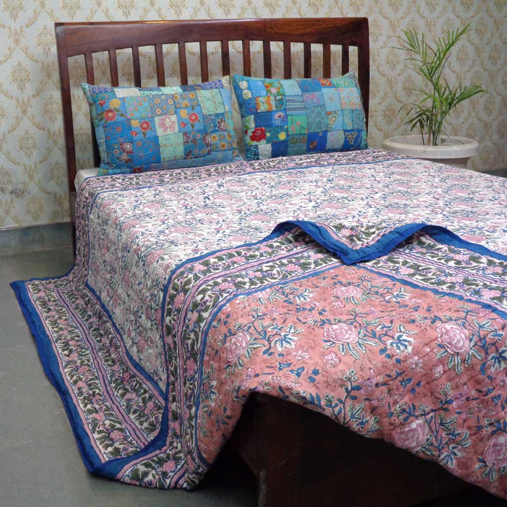 Hand Block Printed Cotton King Size Quilt Misty Rose Gud 202873