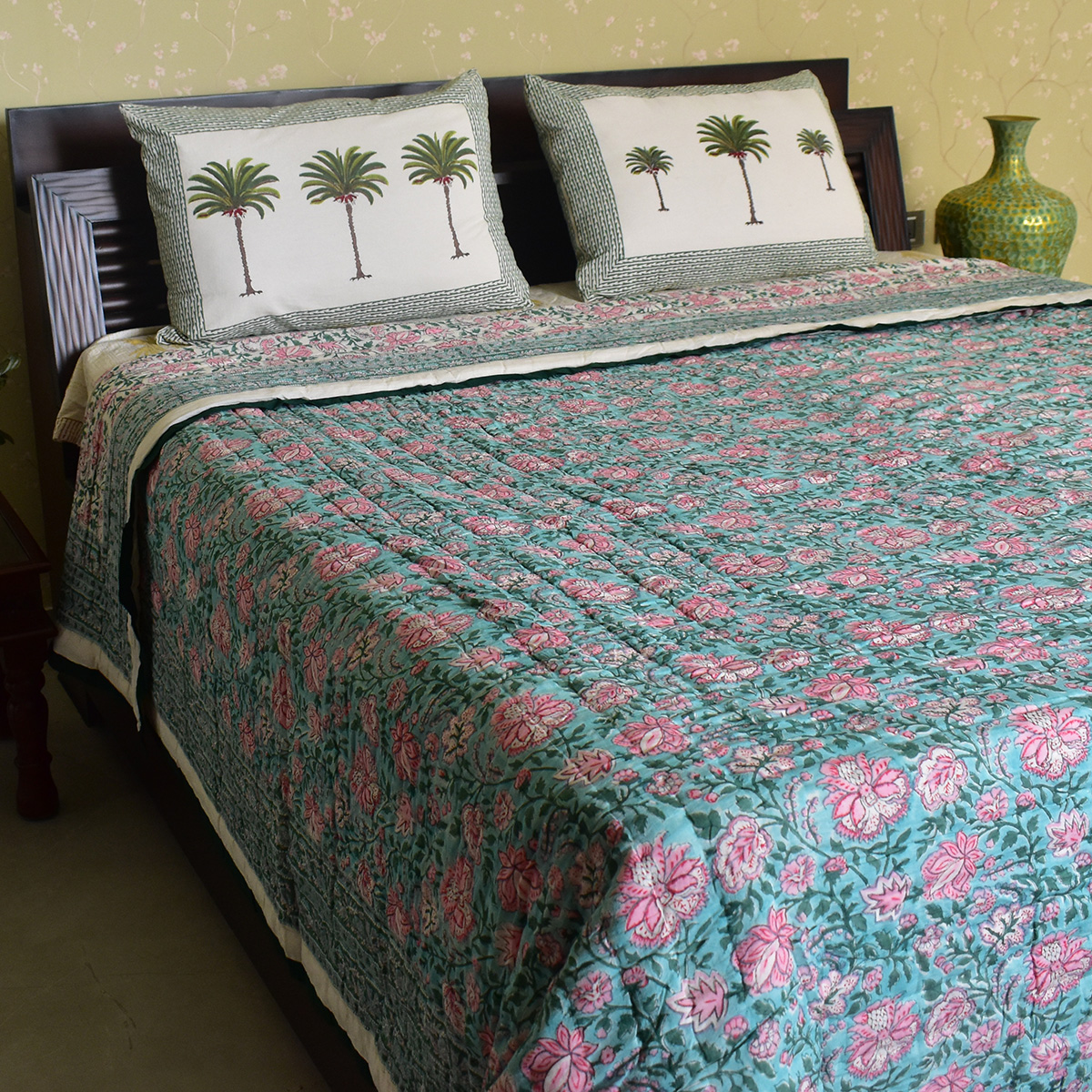 Hand Block Printed Cotton King Size Quilt Mohini Green Gud 620605