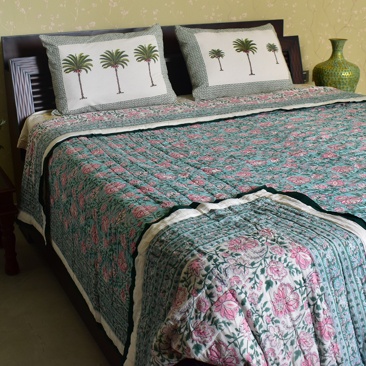 Hand Block Printed Cotton King Size Quilt Mohini Green Gud 620605