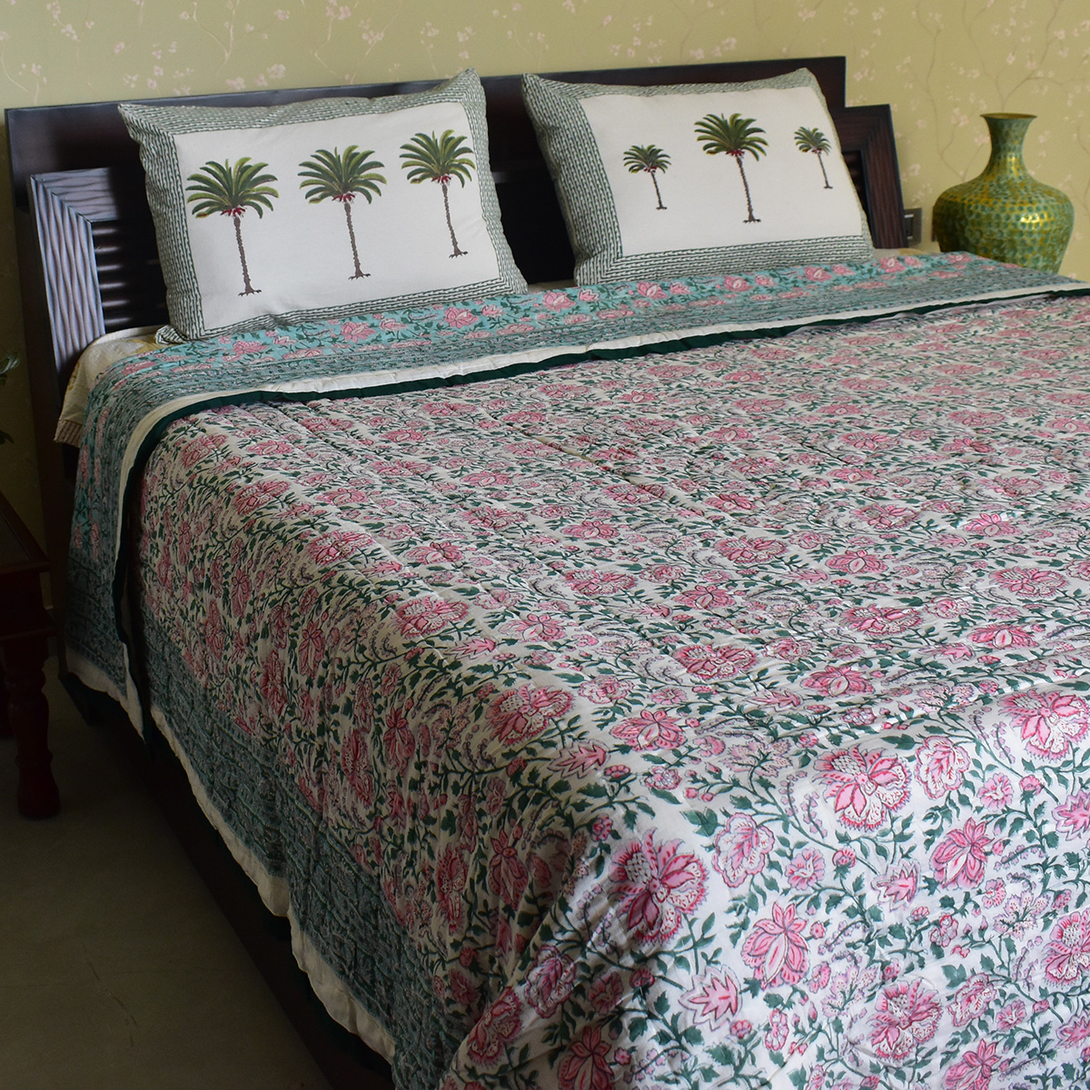 Hand Block Printed Cotton King Size Quilt Mohini Green Gud 620605