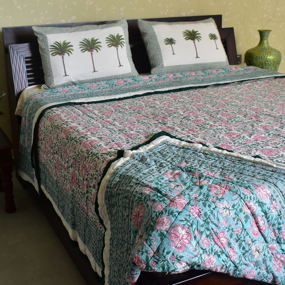 Hand Block Printed Cotton King Size Quilt Mohini Green Gud 620605