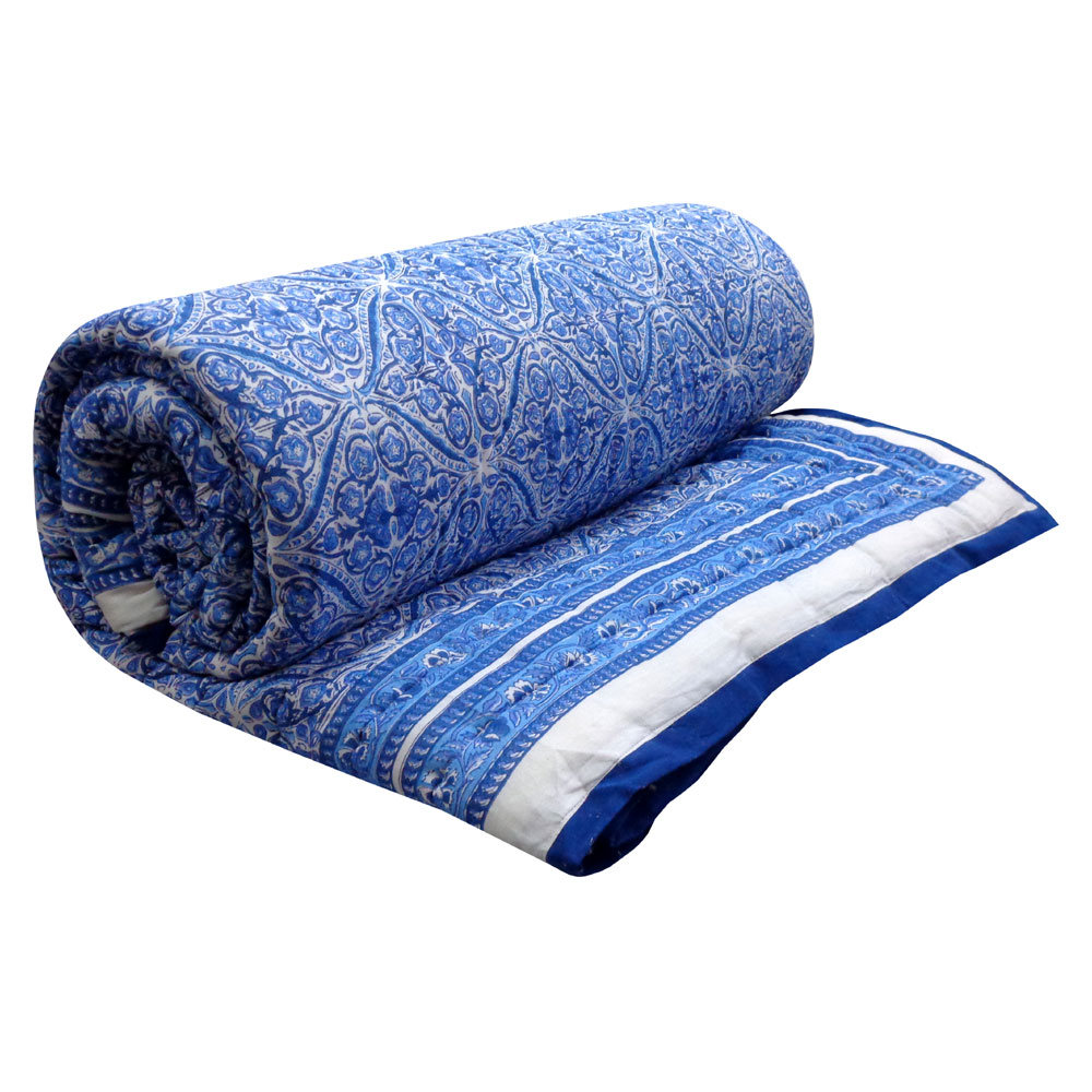 Hand Block Printed Cotton King Size Quilt  Nili Phool Chokri 106104