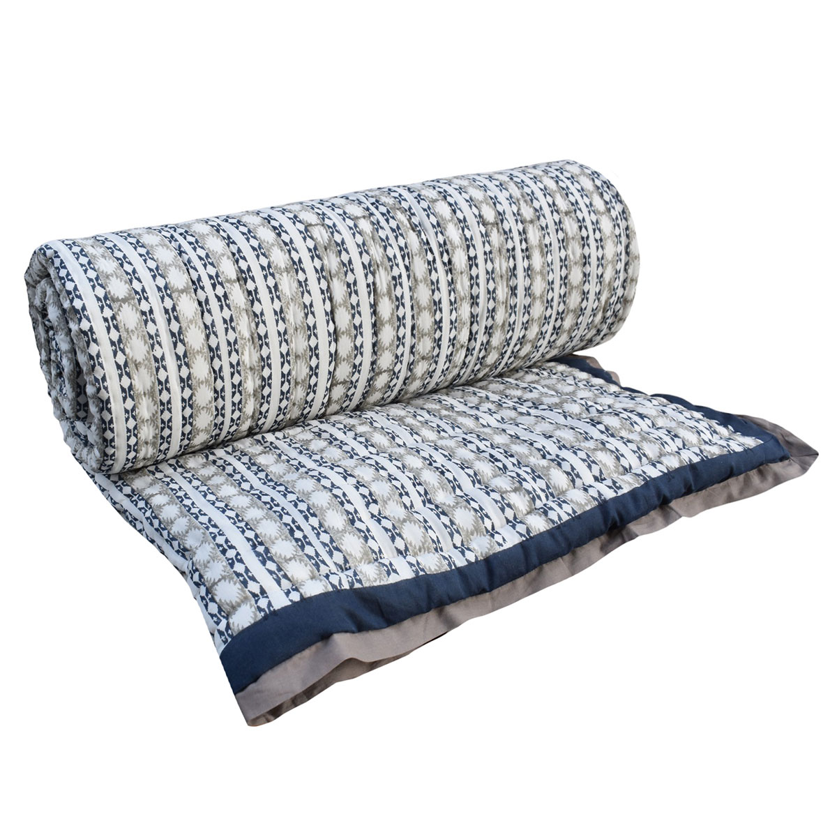 Hand Block Printed Cotton King Size Quilt Nordic Blue Greystone Stripe 202527