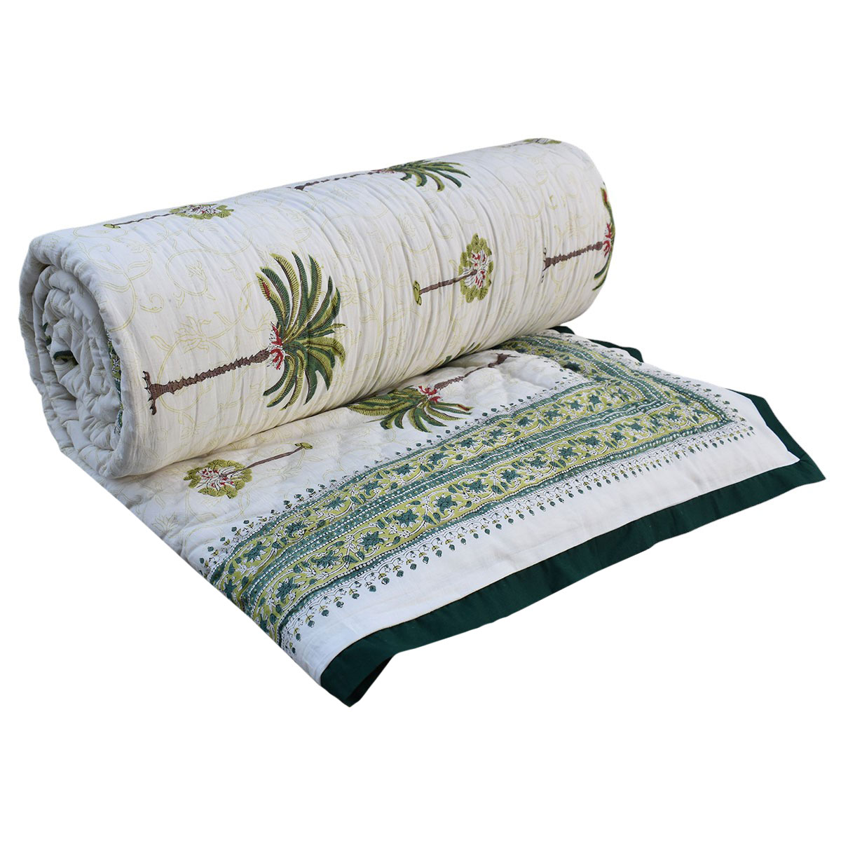 Hand Block Printed Cotton King Size Quilt Palm Tree Green 109024