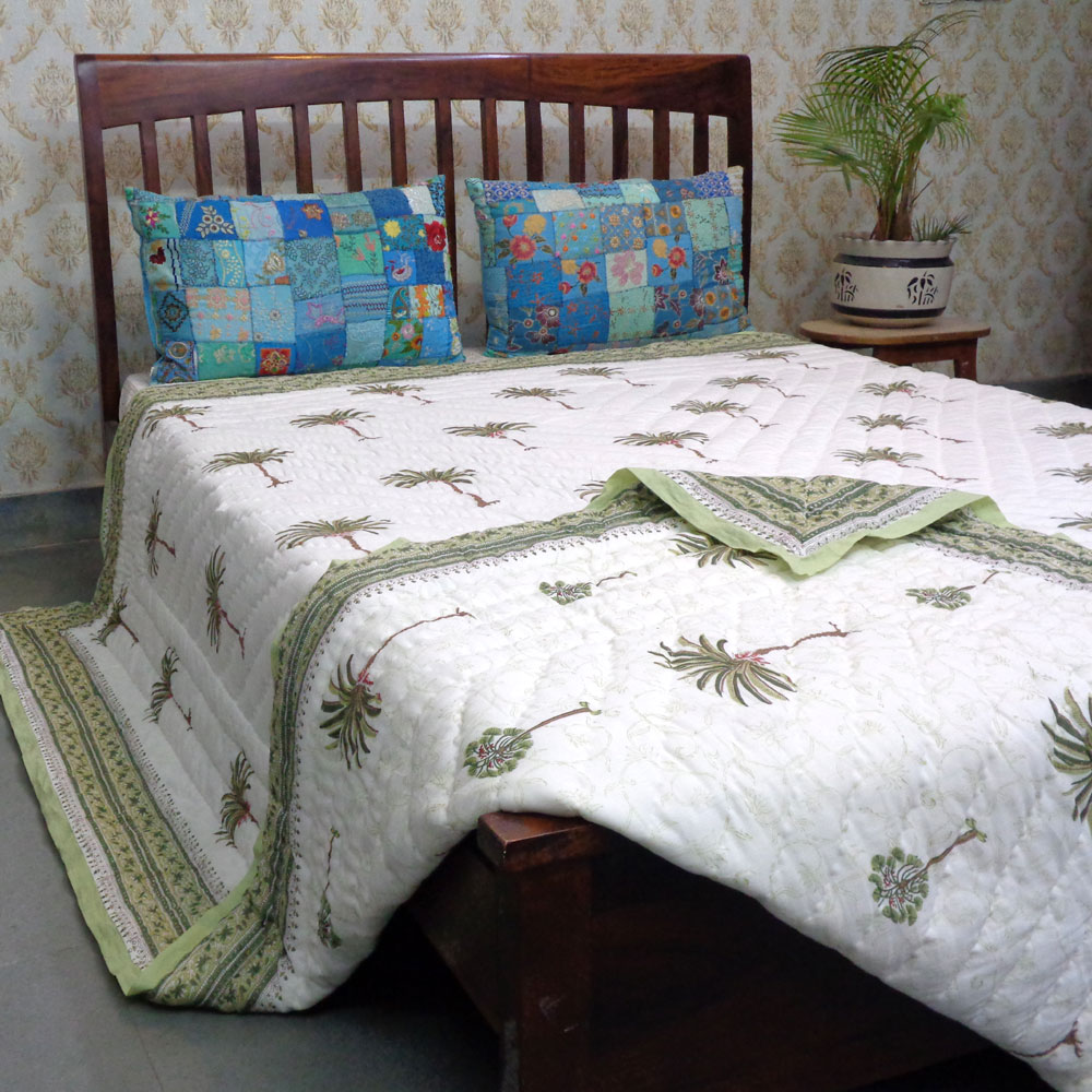 Hand Block Printed Cotton King Size Quilt Palm Tree Green 109024