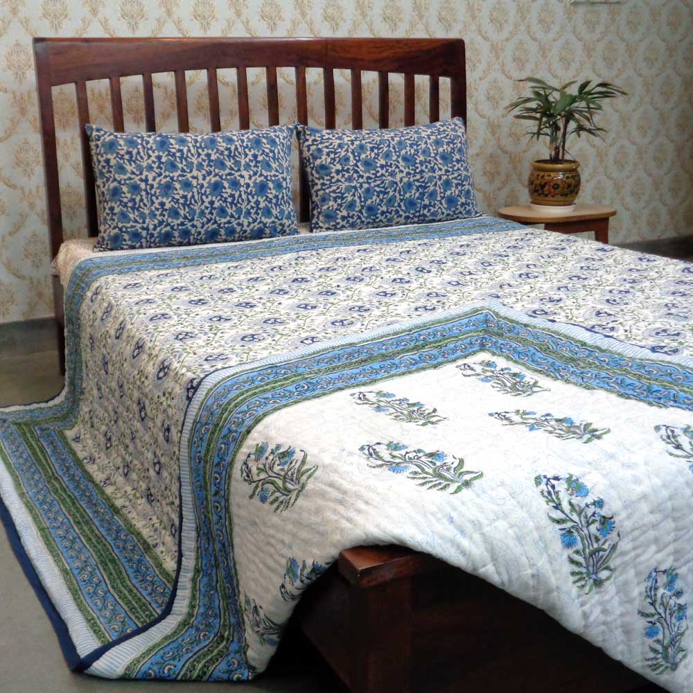 Cotton Quilt King Size Pan Leaf Blue 309622