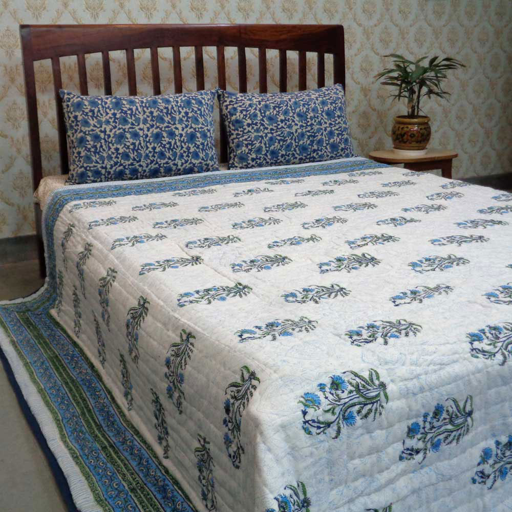 Cotton Quilt King Size Pan Leaf Blue 309622