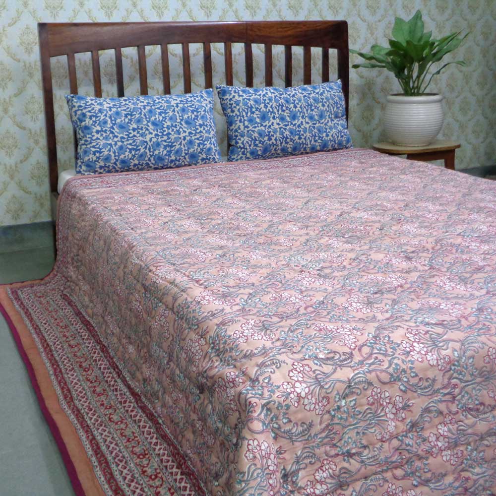 Hand Block Printed Cotton King Size Quilt  Raat Ki Rani Gud 104158