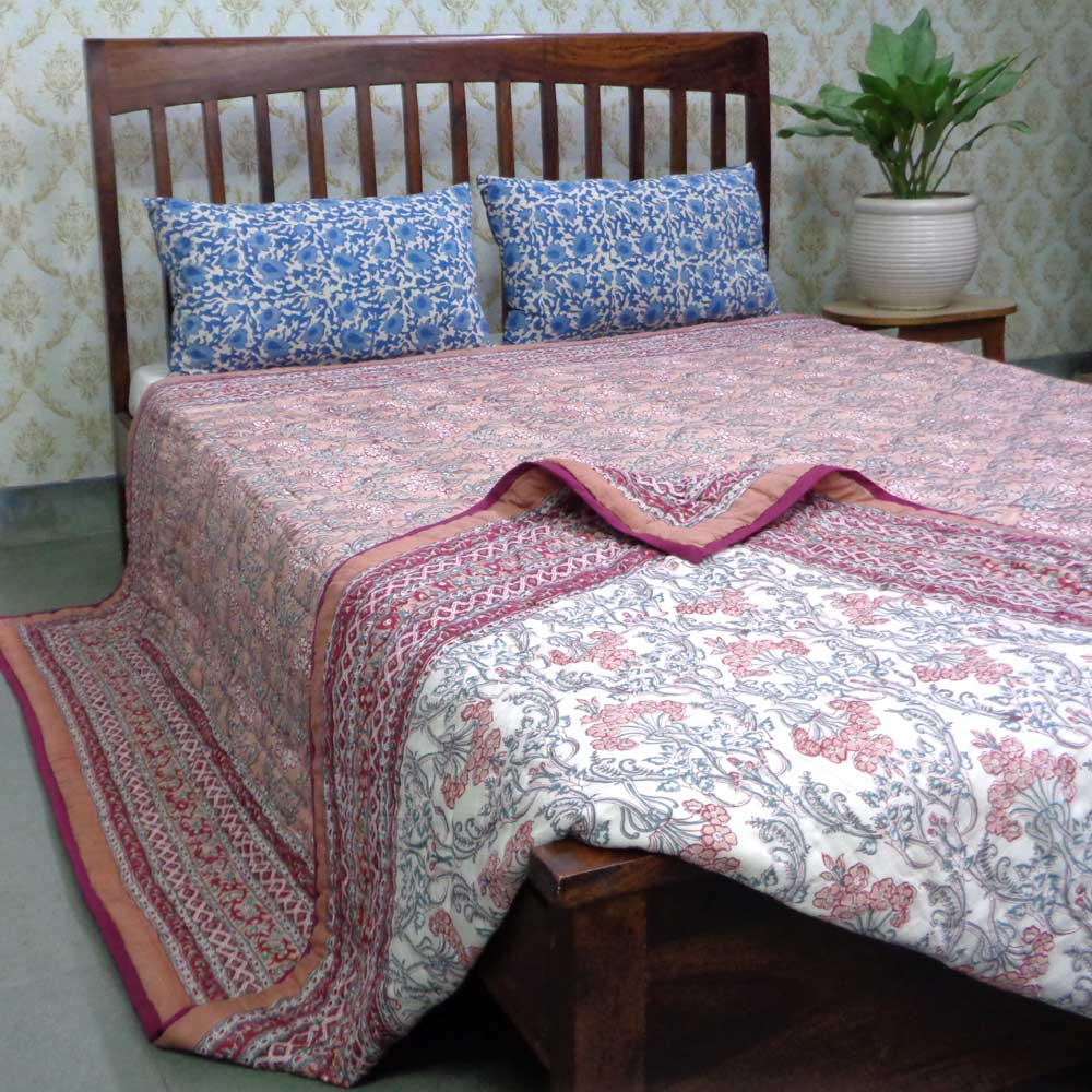 Hand Block Printed Cotton King Size Quilt  Raat Ki Rani Gud 104158