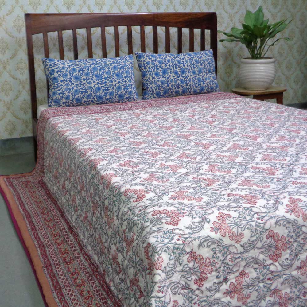 Hand Block Printed Cotton King Size Quilt  Raat Ki Rani Gud 104158
