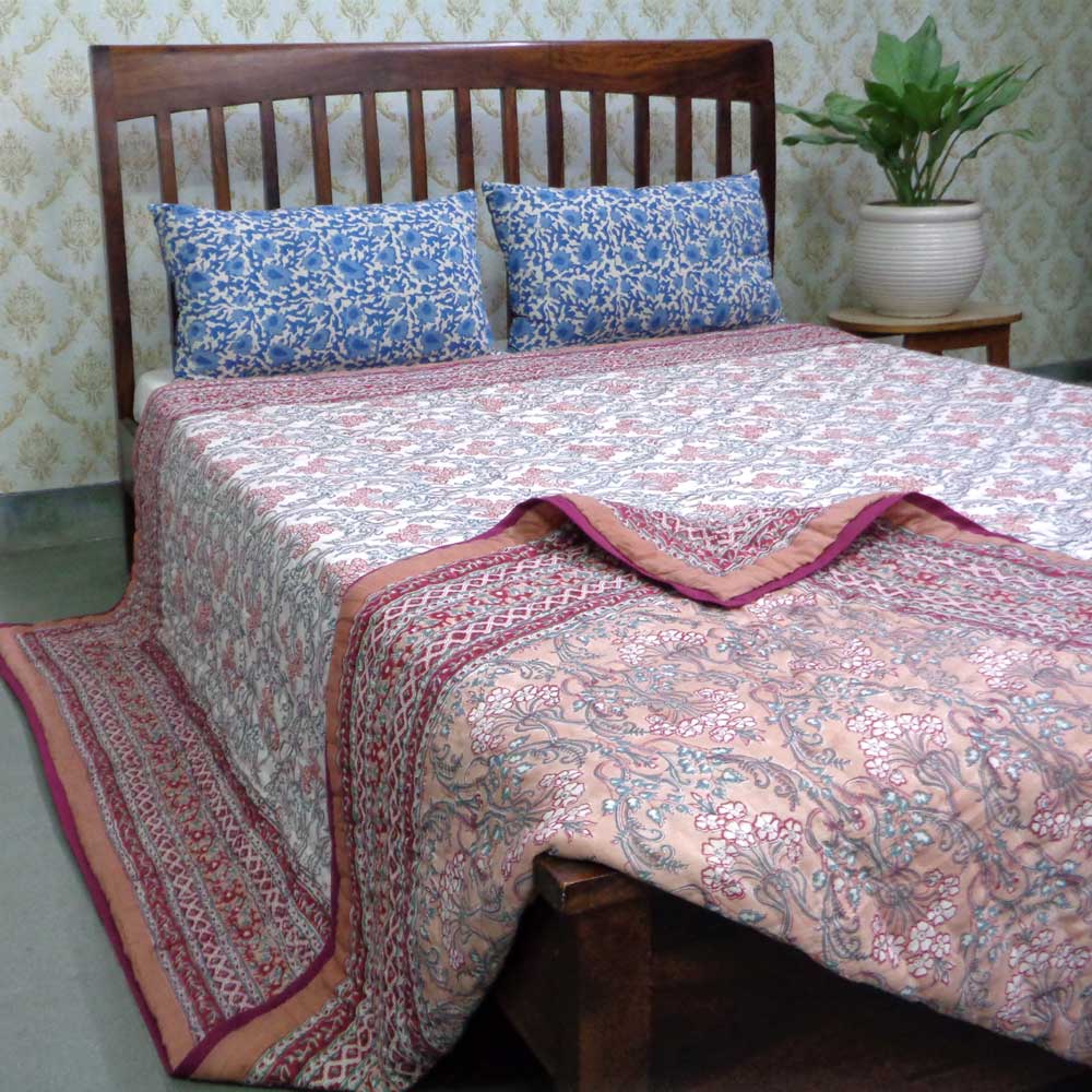 Hand Block Printed Cotton King Size Quilt  Raat Ki Rani Gud 104158