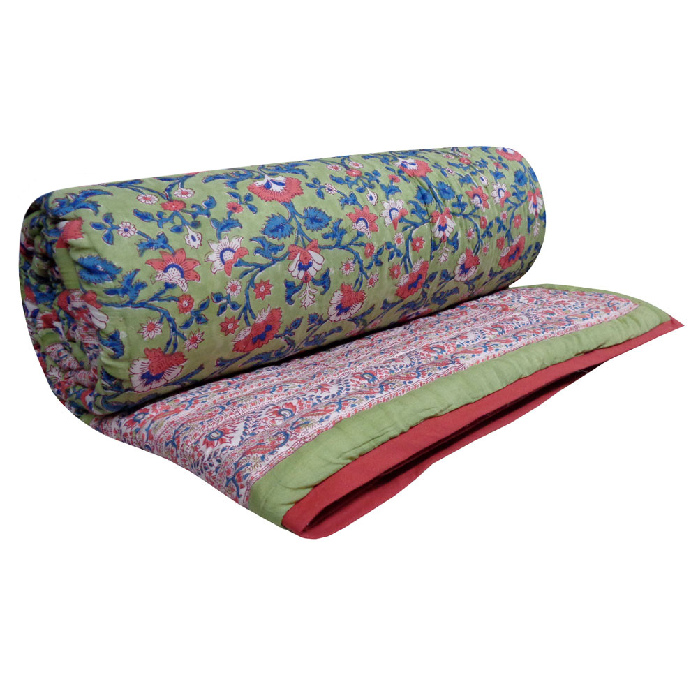 Hand Block Printed Cotton King Size Quilt Rukhsana Jade Gud 204222
