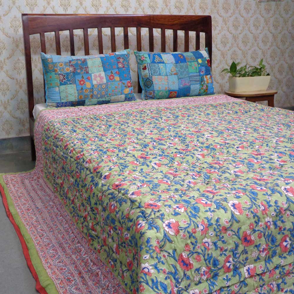 Hand Block Printed Cotton King Size Quilt Rukhsana Jade Gud 204222