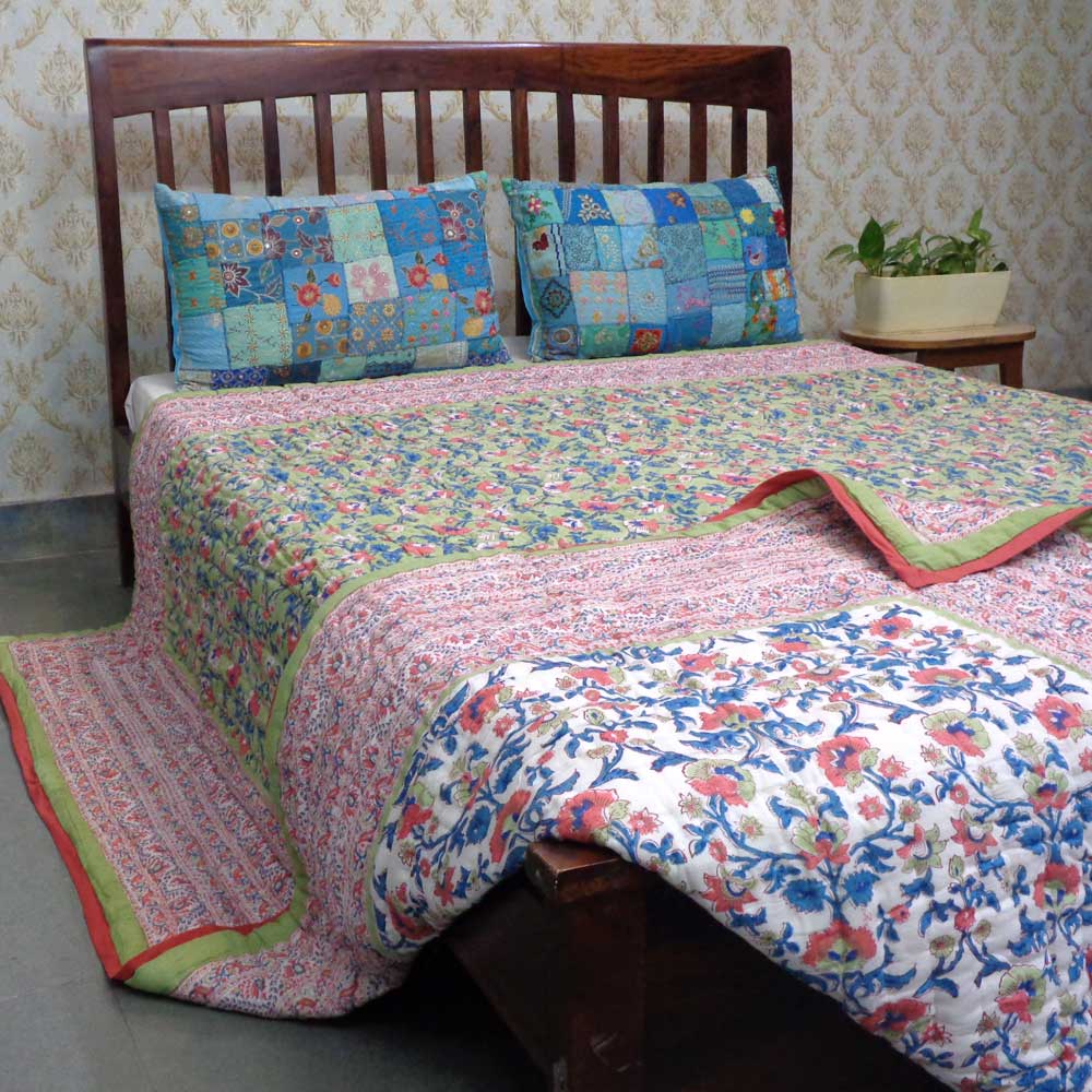 Hand Block Printed Cotton King Size Quilt Rukhsana Jade Gud 204222