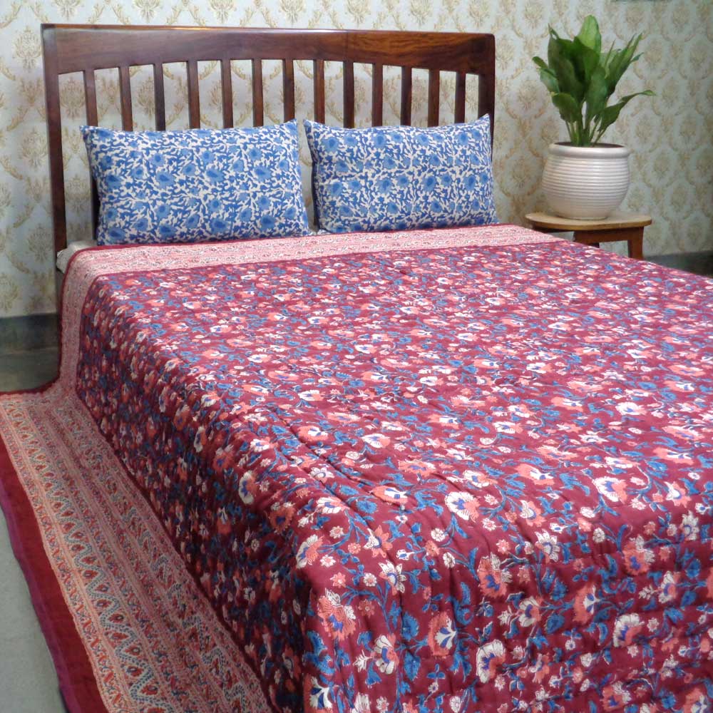 Hand Block Printed Cotton King Size Quilt Rukhsana Maroon Gud 105823