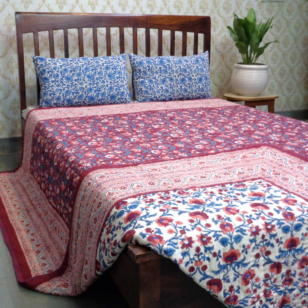 Hand Block Printed Cotton King Size Quilt Rukhsana Maroon Gud 105823