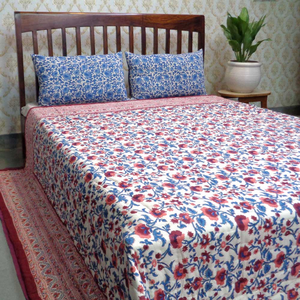 Hand Block Printed Cotton King Size Quilt Rukhsana Maroon Gud 105823