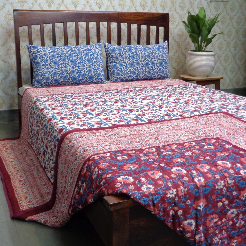 Hand Block Printed Cotton King Size Quilt Rukhsana Maroon Gud 105823