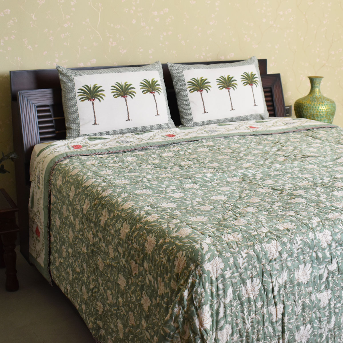 Hand Block Printed Cotton King Size Quilt  White Green Flower