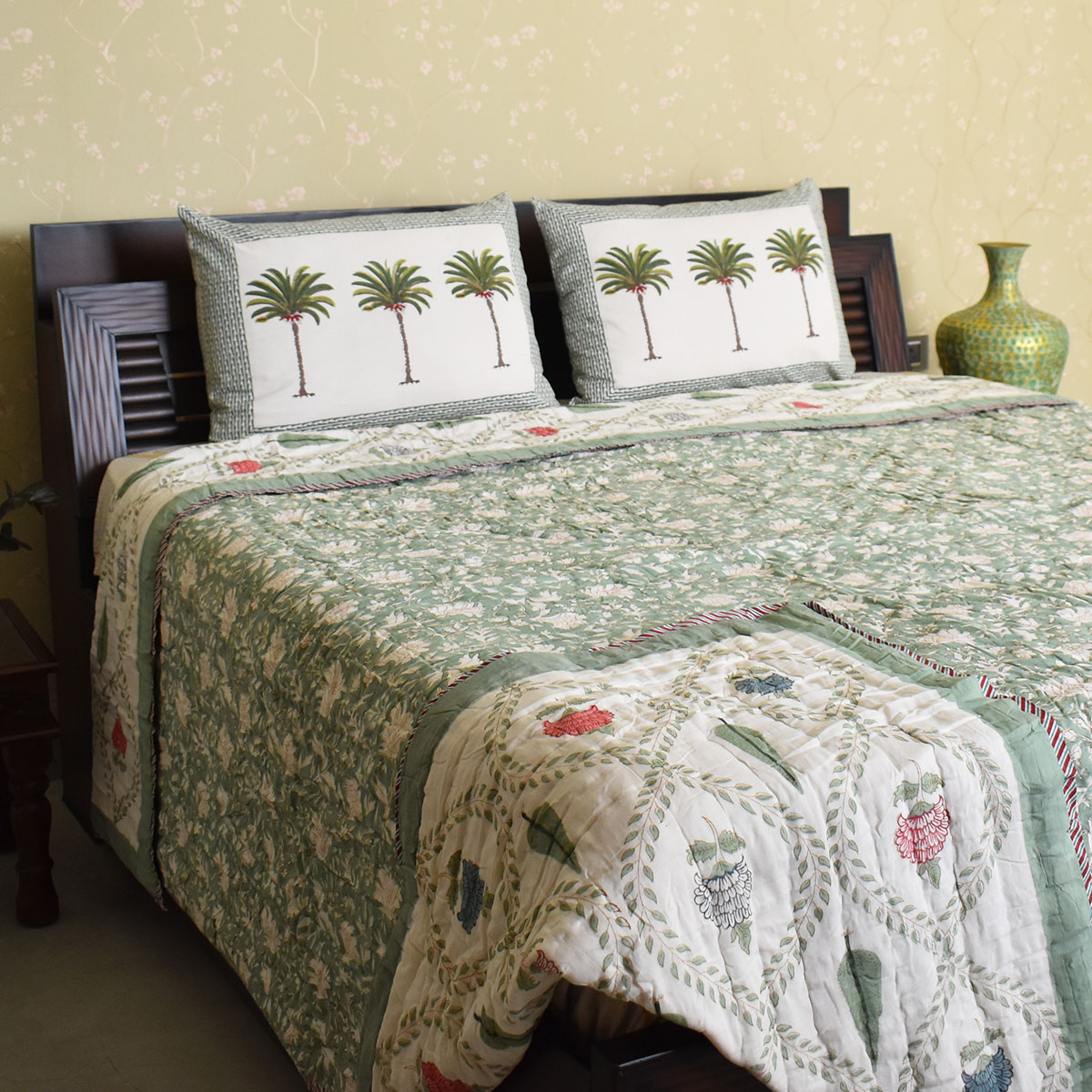 Hand Block Printed Cotton King Size Quilt White Green Flower