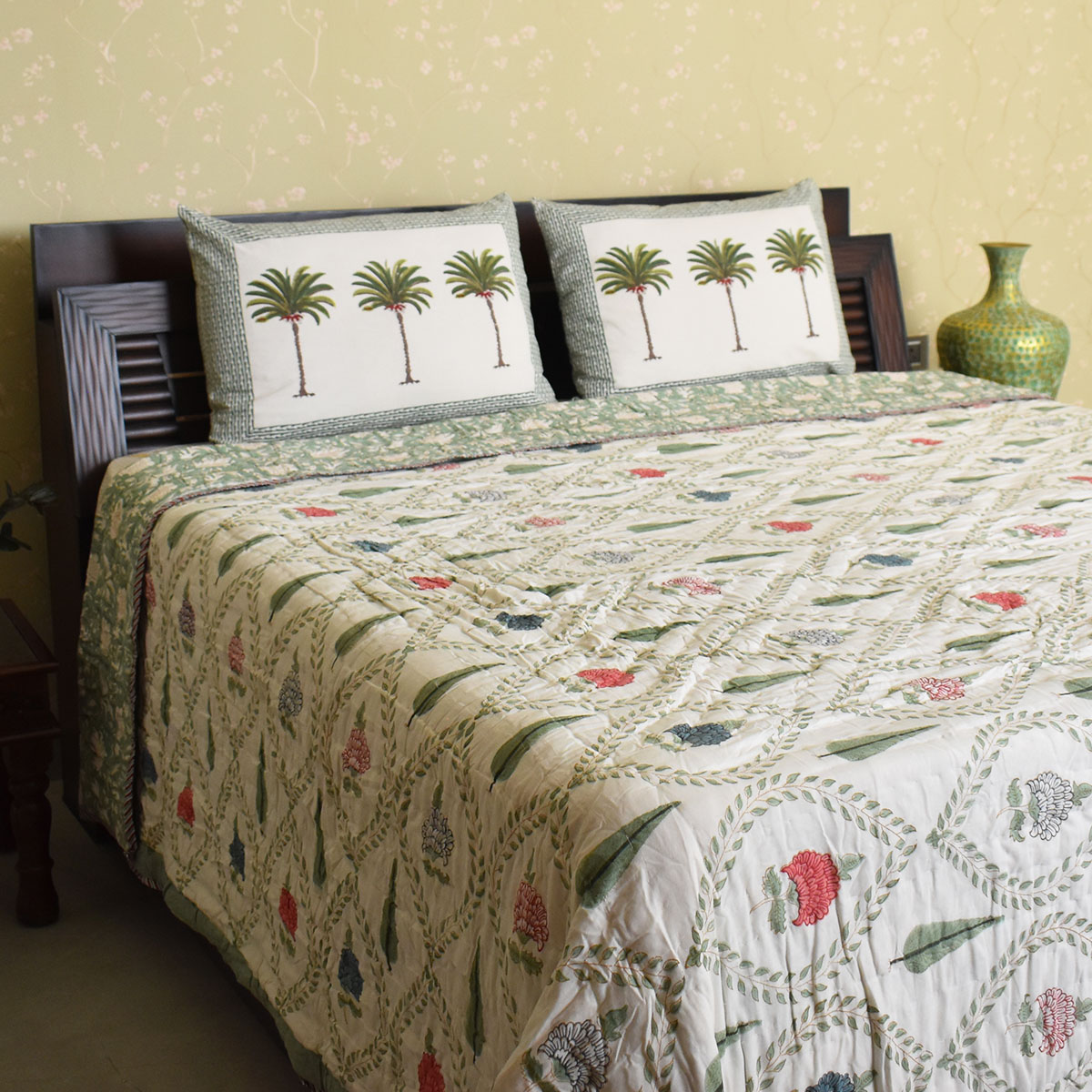 Hand Block Printed Cotton King Size Quilt White Green Flower
