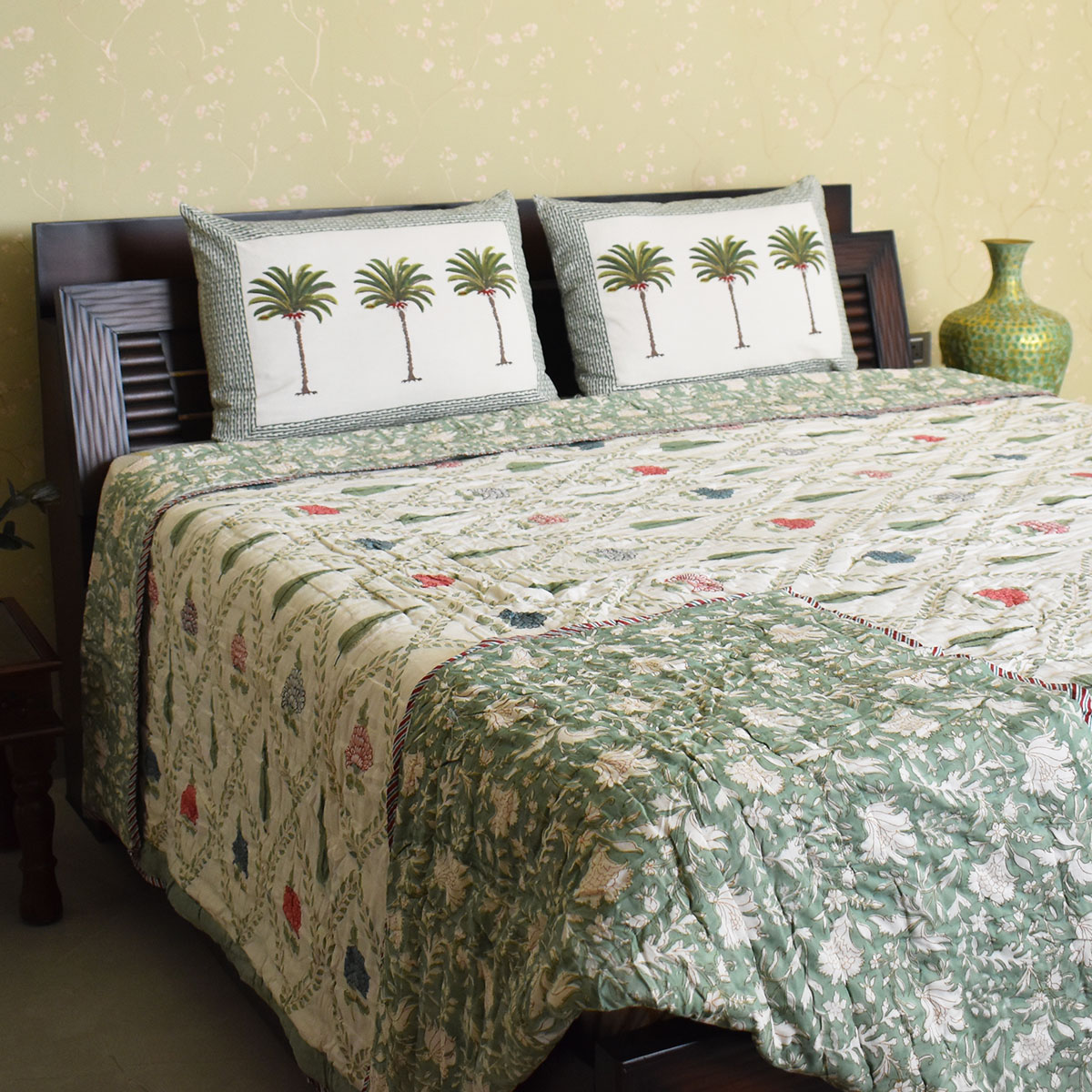 Hand Block Printed Cotton King Size Quilt White Green Flower