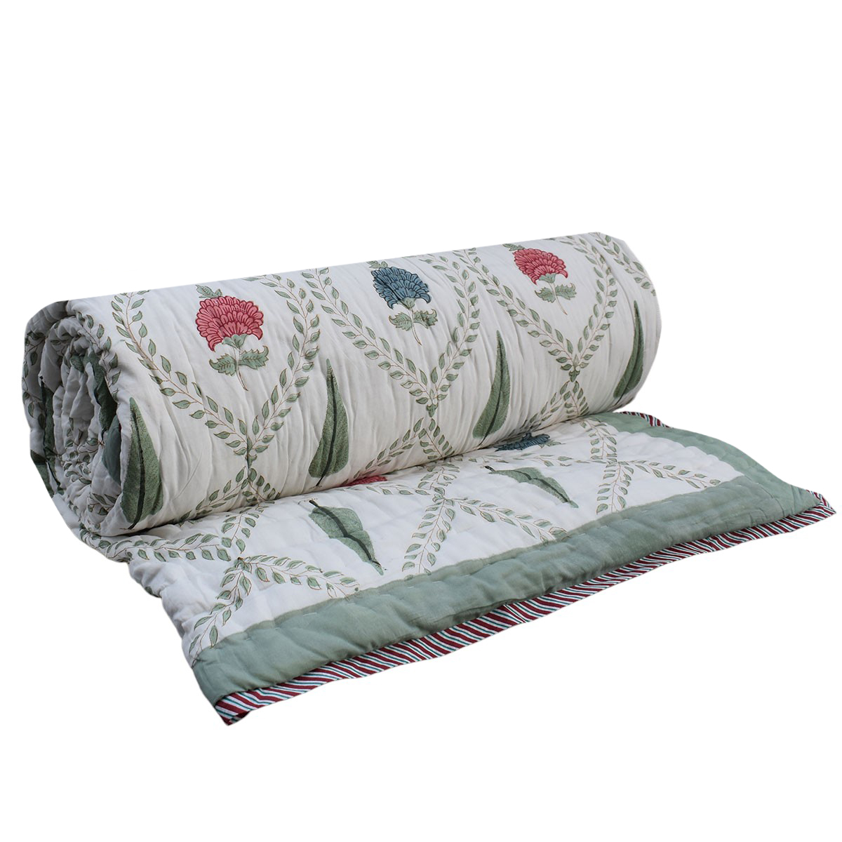 Hand Block Printed Cotton King Size Quilt White Green Flower