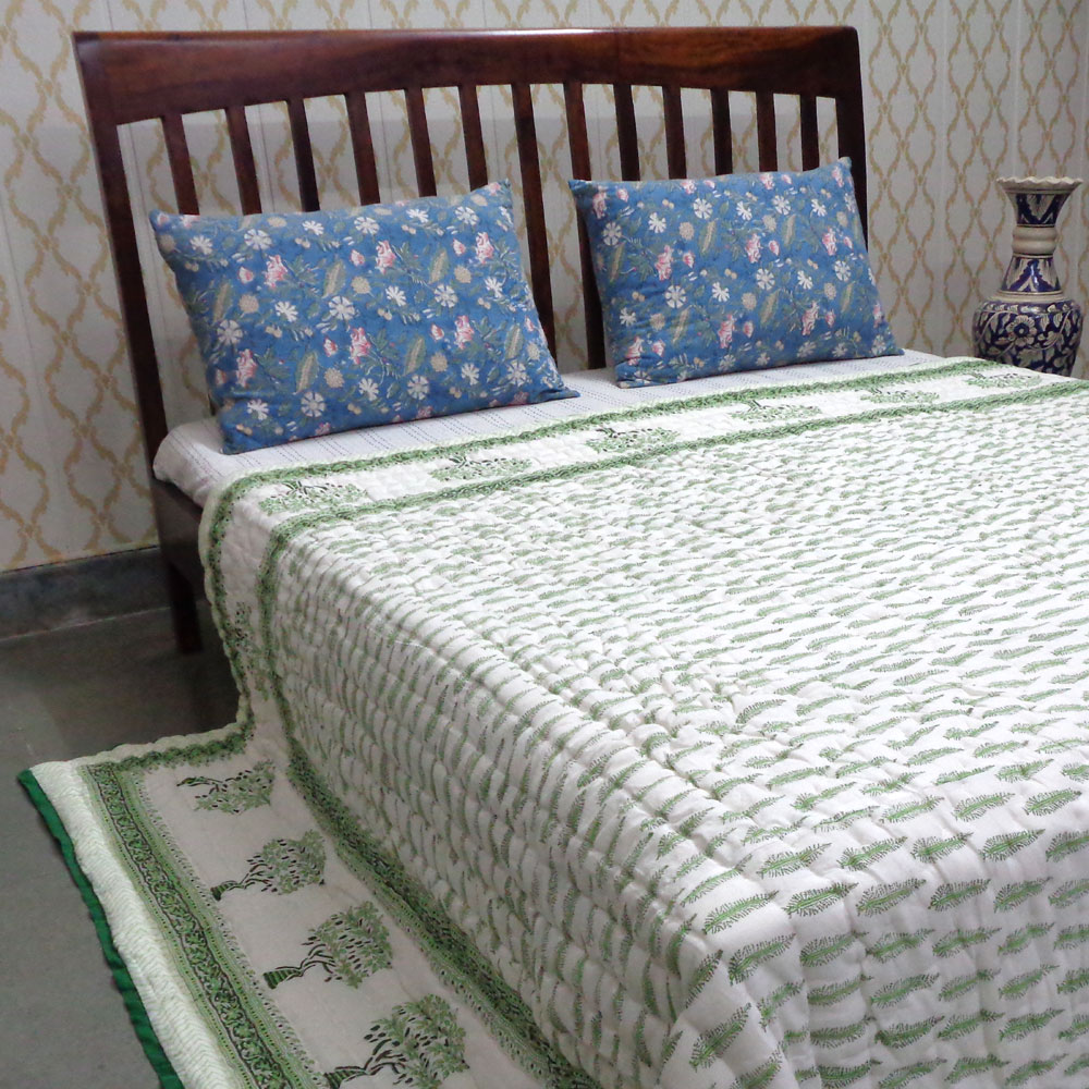 Hand Block Printed Cotton Quilt King Size  Winter Fall Tree Vineyard 302395