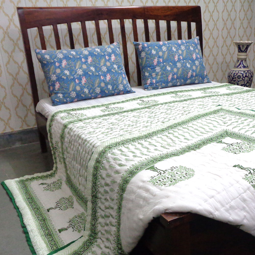 Hand Block Printed Cotton Quilt King Size  Winter Fall Tree Vineyard 302395