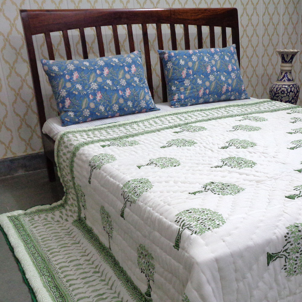 Hand Block Printed Cotton Quilt King Size  Winter Fall Tree Vineyard 302395