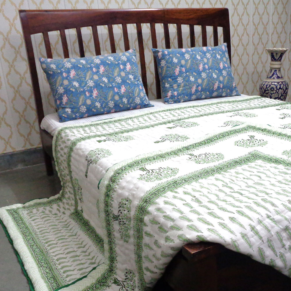 Hand Block Printed Cotton Quilt King Size  Winter Fall Tree Vineyard 302395